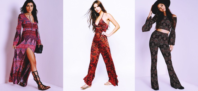 From left to right: Missguided Button down maxi dress bright scarf print, River Island Paisley print halter jumpsuit, Missguided Printed skinny flares black