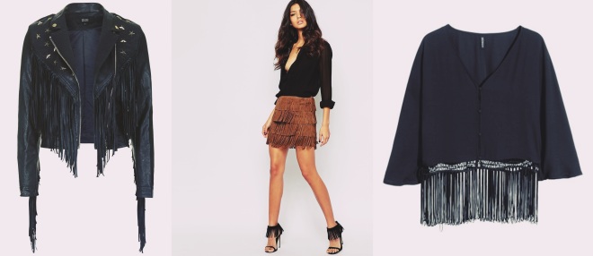 From left to right: Topshop PU fringe jacket by Goldie, Asos Mango suedette fringe mini skirt, H&M Fringed blouse